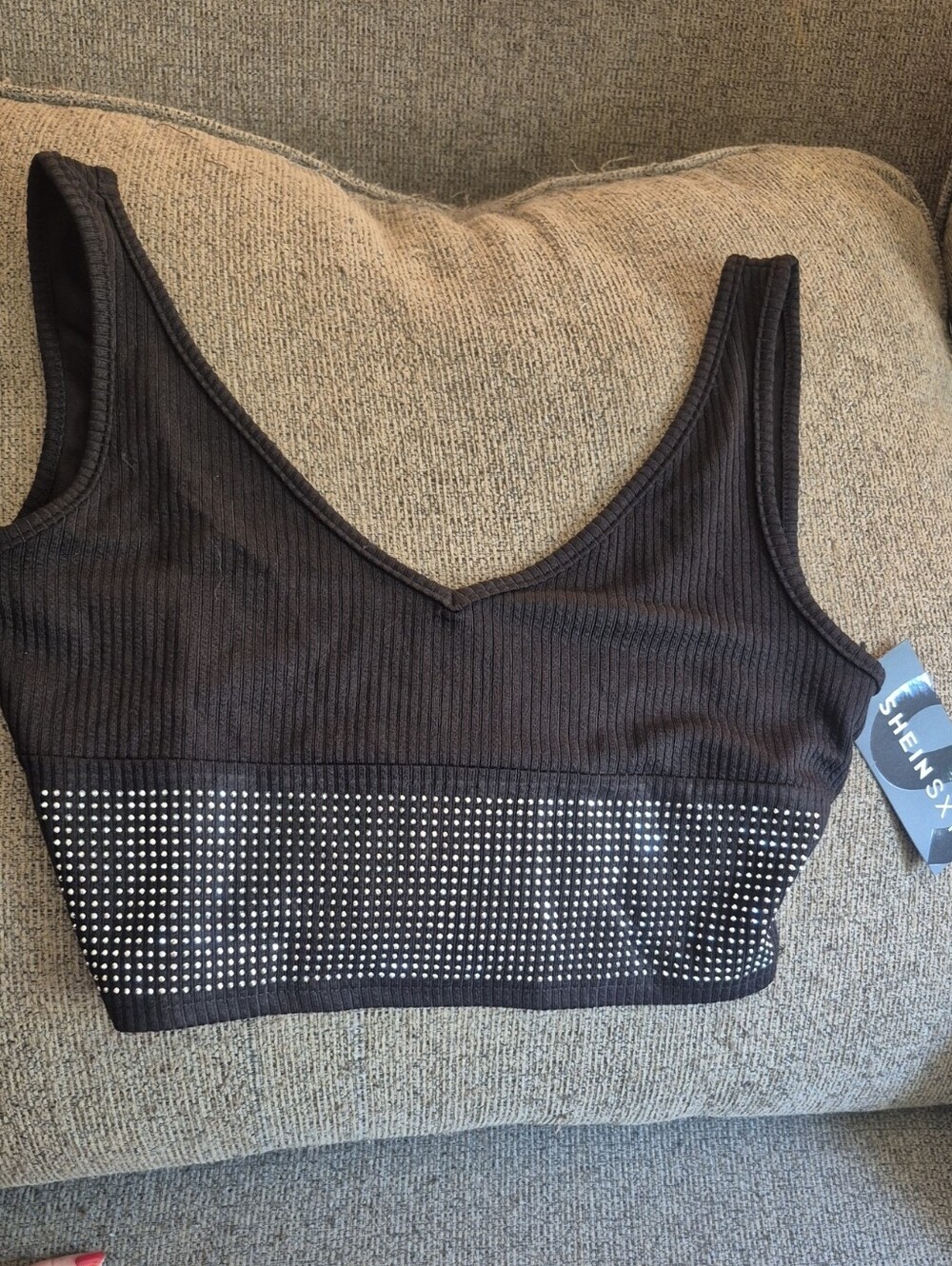 SHEIN SXY Crystal Rhinestone Patchwork Cropped Tank Top